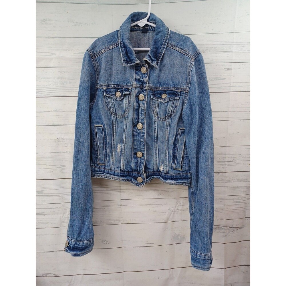 American Eagle AE Distressed Womens Blue Denim Jean Jacket - S/P (XS) Y2K